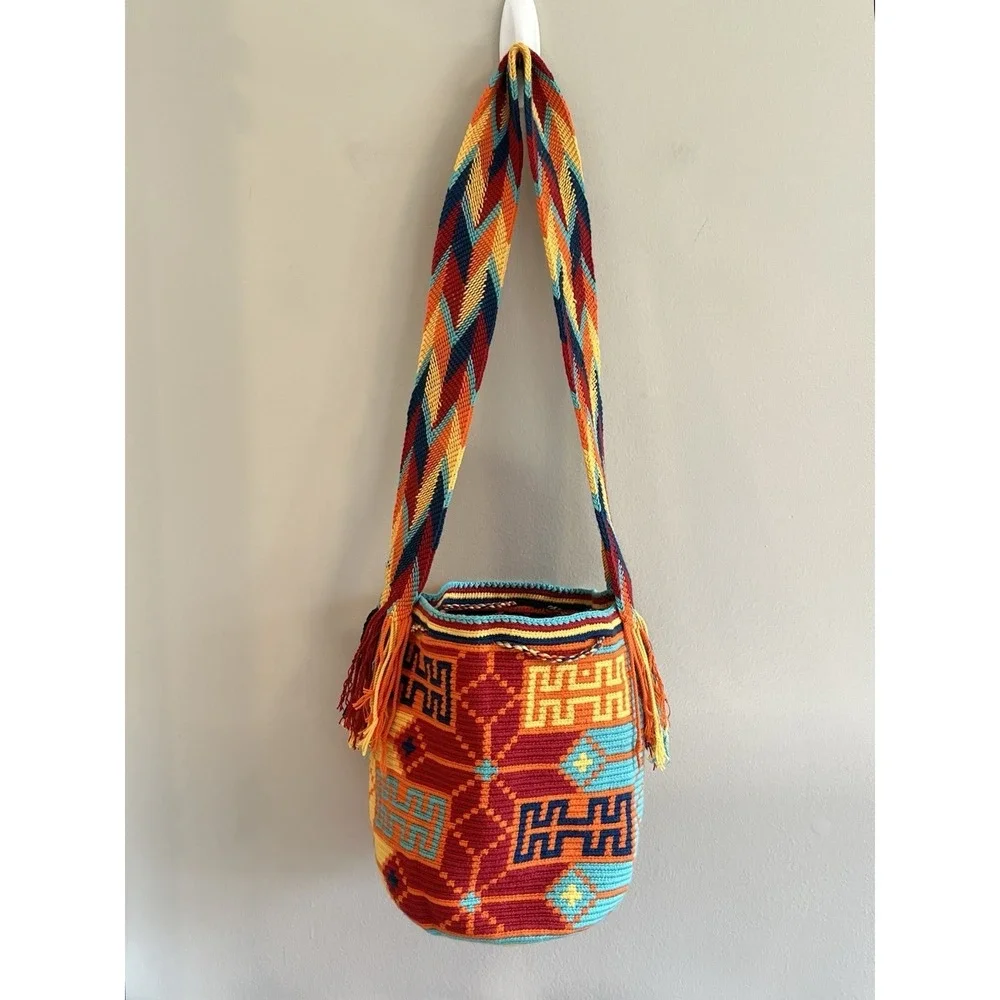 Wayuu Mochila Bucket Bag Boho Colombia Rioacha Orange Yellow Blue Red Festival